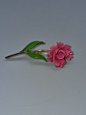 Pink Enamel Rose Brooch with Green Leaves - Women Jewelry Vintage